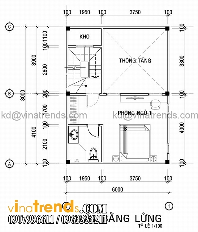 ban ve thiet ke nha pho 1 tret 1 lau mat bang lung dep Thiết kế nhà phố 1 trệt 1 lầu 1 lững 8x8m đẹp xây niềm kiêu hãnh   NP190615A