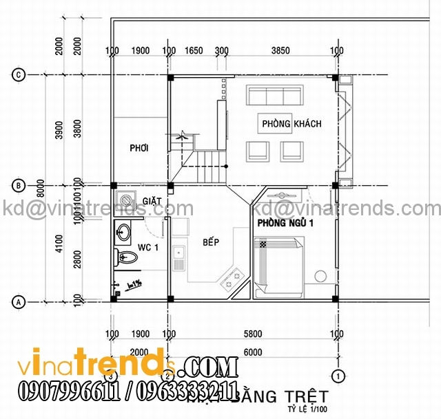 ban ve thiet ke nha pho 1 tret 1 lau mat bang tret 1 Thiết kế nhà phố 1 trệt 1 lầu 1 lững 8x8m đẹp xây niềm kiêu hãnh   NP190615A