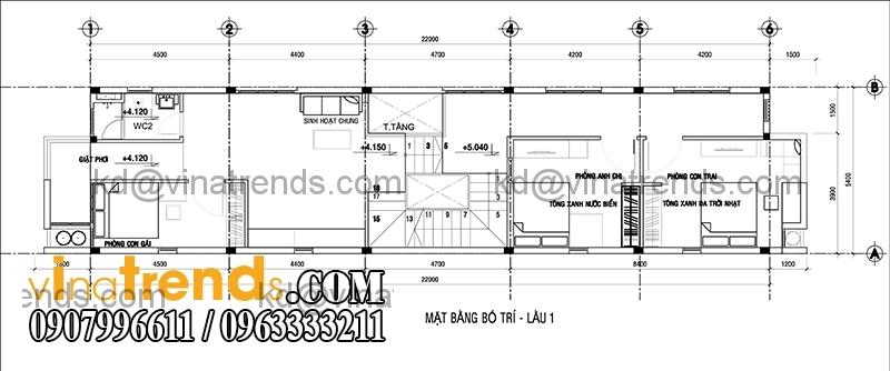 ban ve mau thiet ke nha pho 2 tang hien dai mat tien 54m 3 Thiết kế nhà phố 2 tầng đẹp 5,4x22m có sân thượng hiện đại   NP140715C