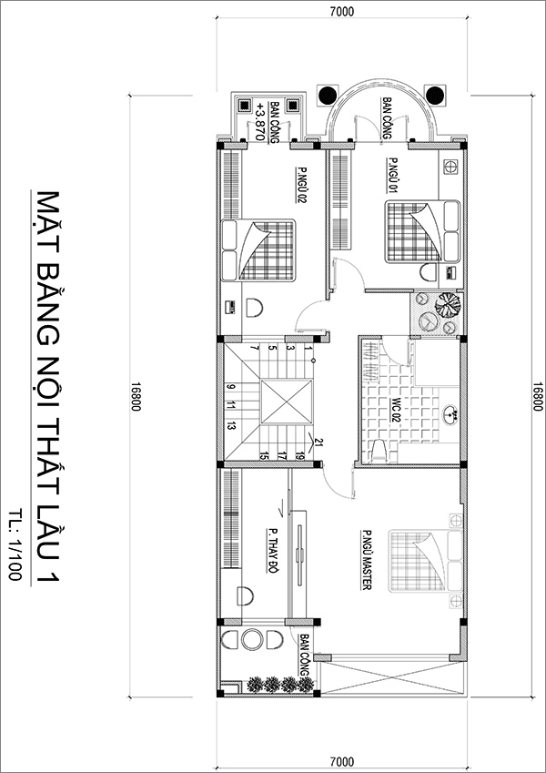 MẶT BẰNG LẦU 1 ANH QUANG Mẫu nhà biệt thự 3 tầng mái thái tân cổ điển mặt tiền đẹp 7mx17m cho nhà thầu xây dựng ở Bình Dương