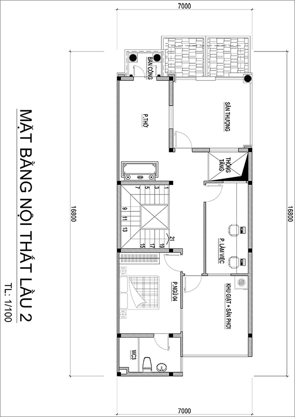 MẶT BẰNG LẦU 2 ANH QUANG Mẫu nhà biệt thự 3 tầng mái thái tân cổ điển mặt tiền đẹp 7mx17m cho nhà thầu xây dựng ở Bình Dương