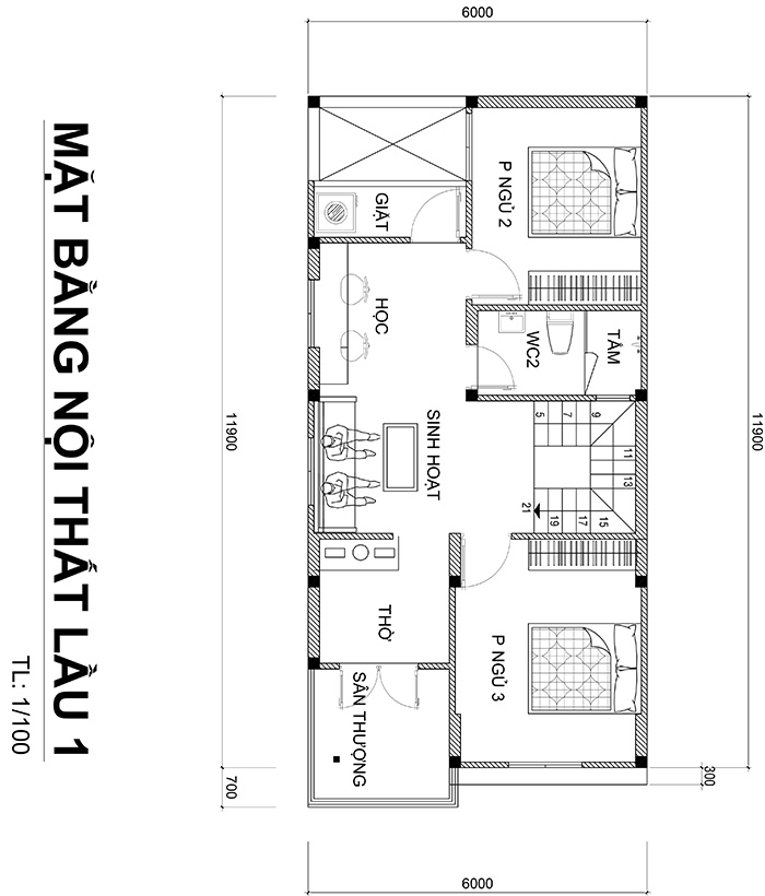 mat bang nha 2 tang duoi 100m2 2 Mẫu nhà 2 tầng 6x12m khiêm tốn về diện tích   Thông Minh về thiết kế của vợ chồng 9X