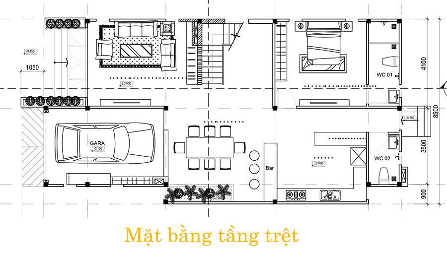 tret Mẫu nhà biệt thự 3 tầng hiện đại 8,5m dài 16,5m có sân vườn rộng chứa bao ân tình dành cho gia đình ở Long Thành