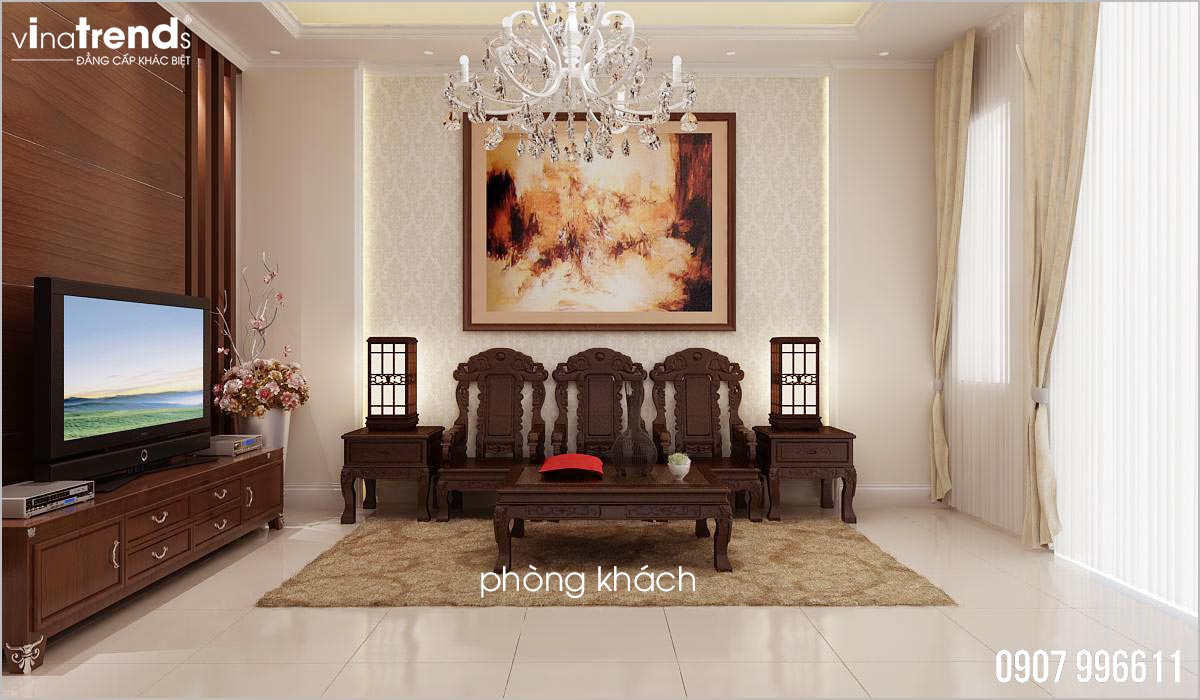 mau phong khach go dep Mẫu nhà mái thái 2 tầng kiểu nông thôn 120m2 ở An Giang