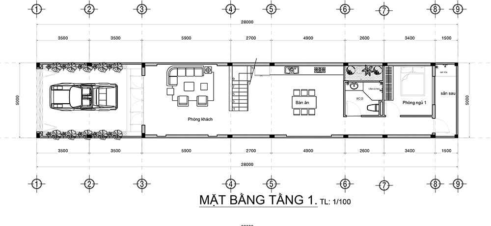 mat bang tang 1 mau nha 2 tang co ham Bản vẽ chi tiết mẫu nhà 2 tầng 1 hầm mái thái 5x21m cho gia đình kinh doanh ở Biên Hoà