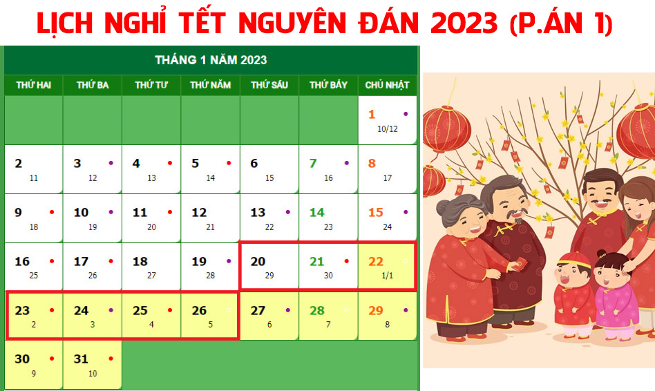 lich nghi tet nguyen dan 2023 phuong an 1 Lịch Nghỉ Tết Âm Lịch 2023 được 9 Ngày Tiện Mua Vé Máy Bay Vé Xe Cho Mọi Người