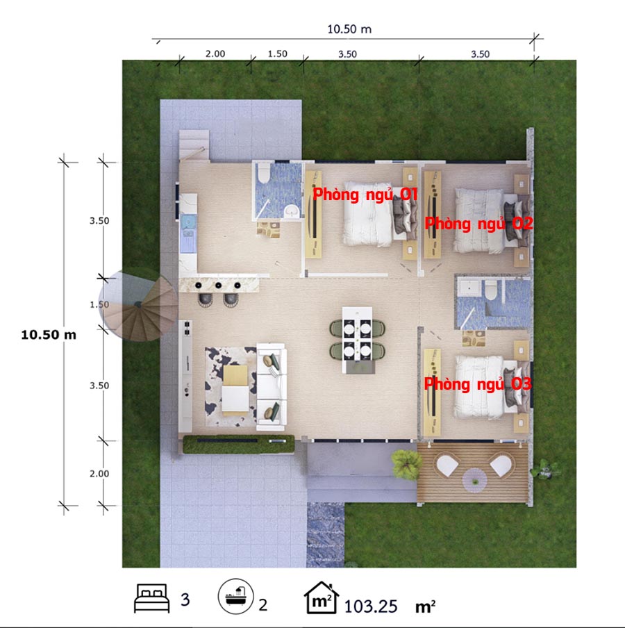 mau nha 1 tang 3 phong ngu don gian co san thuong Mẫu nhà mái thái 1 tầng có 3 phòng ngủ đẹp từ mặt bằng đến kiến trúc